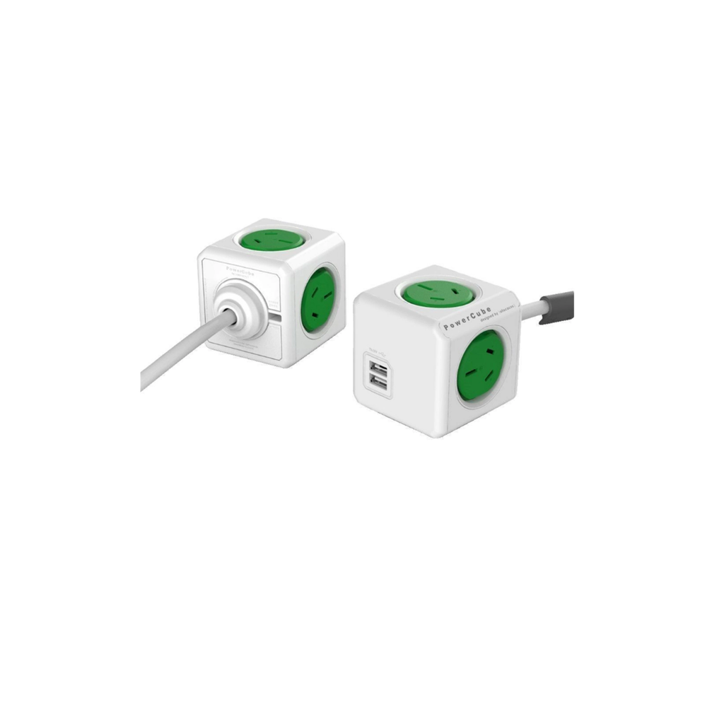 ALL-POWERCUBE5404-GN - ALLOCACOC POWERCUBE Extended 4 Outlets with 2 USB 3M - Green