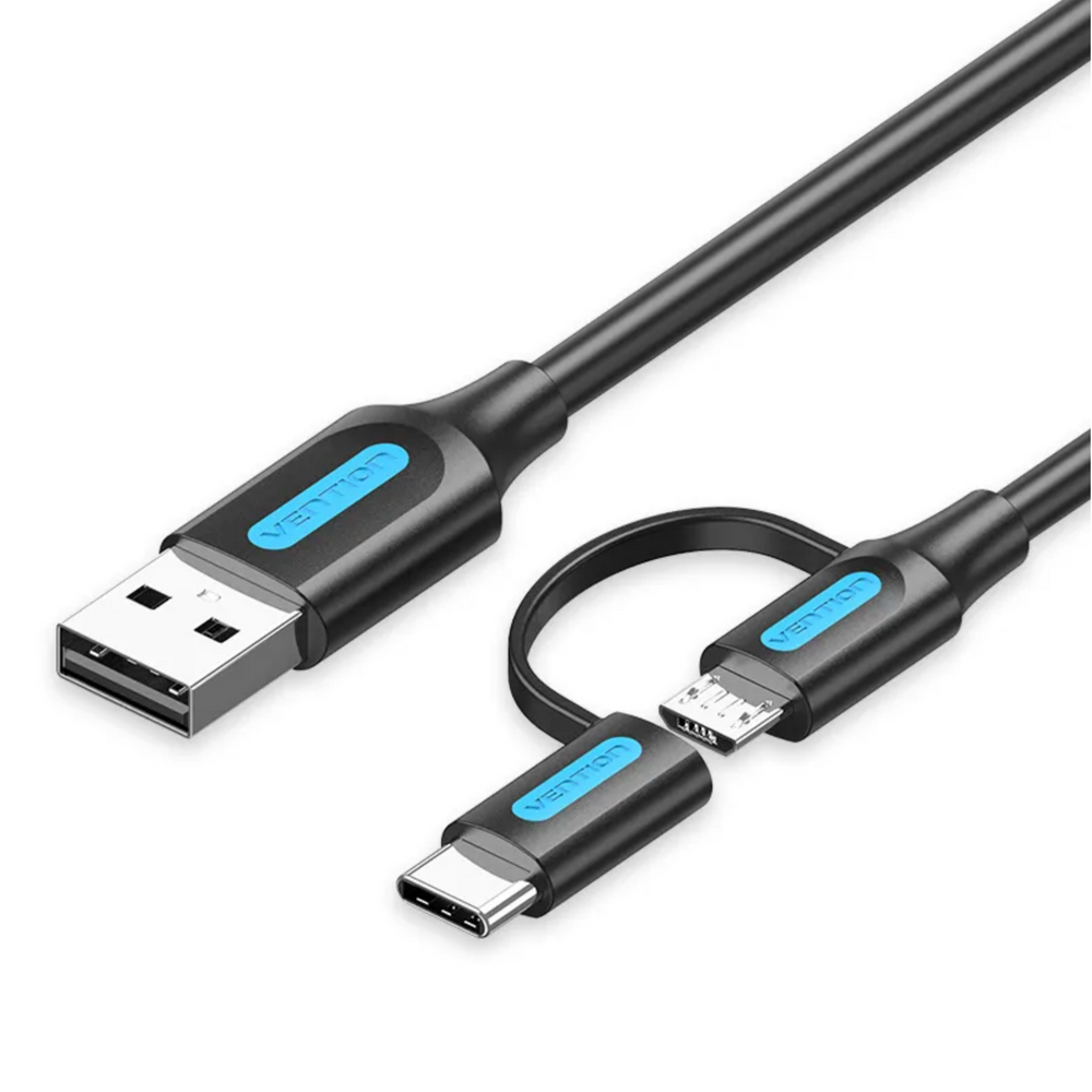 VEN-CQDBH - Vention USB 2.0 A Male to 2-in-1 Micro-B&USB-C Male 3A Cable 2M Black