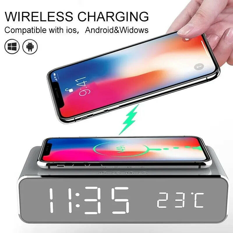 Wireless Charging Dock Station with Time Alarm Clock, LED Digital Thermometer, and Fast Charging for iPhone and Samsung Earphones