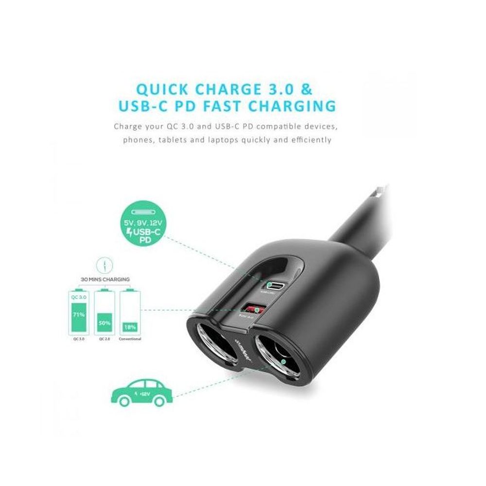 MB-CHGR-C28 - Gorilla Power Dual Port USB-C PD & QC3.0 Car Charger with Cigar Lighter Splitter