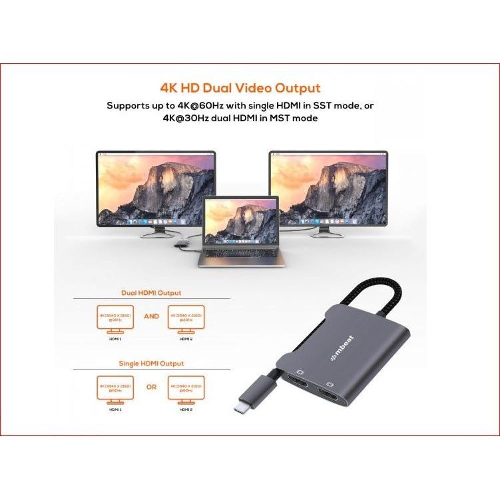 MB-XAD-CDHD - mbeat Tough Link USB-C to Dual 4K HDMI Adapter - Space Grey