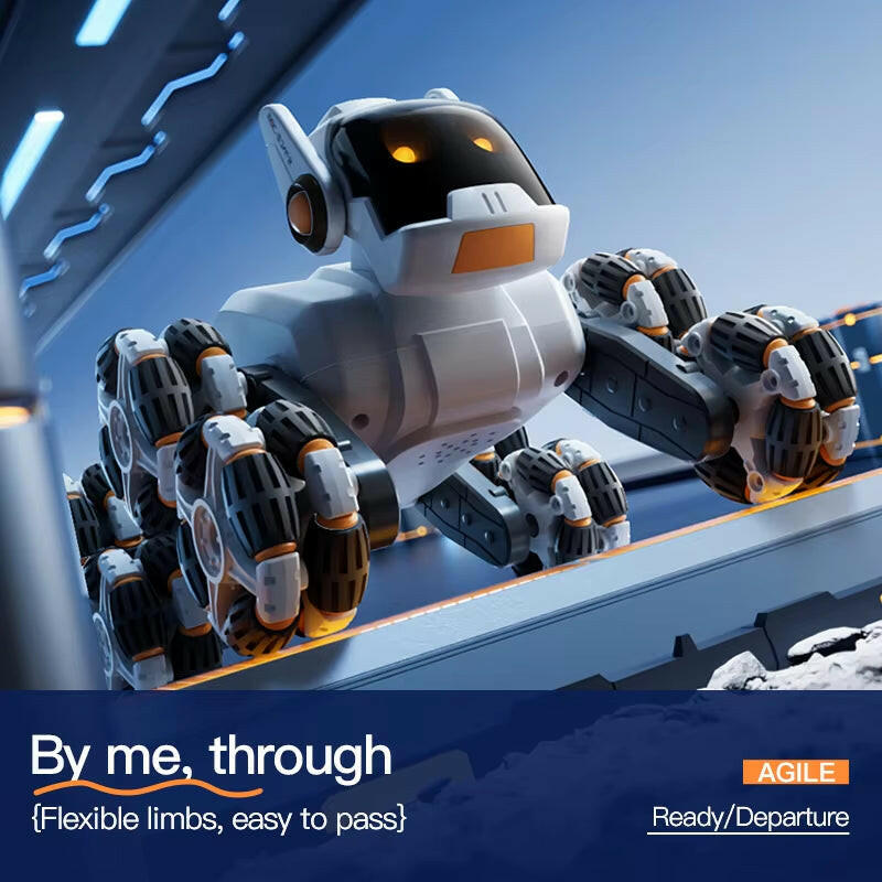 Intelligent Remote Control Robot Dog with Eight Wheels and Tail Spray Stunt Features - Four Skill Functions for Children White