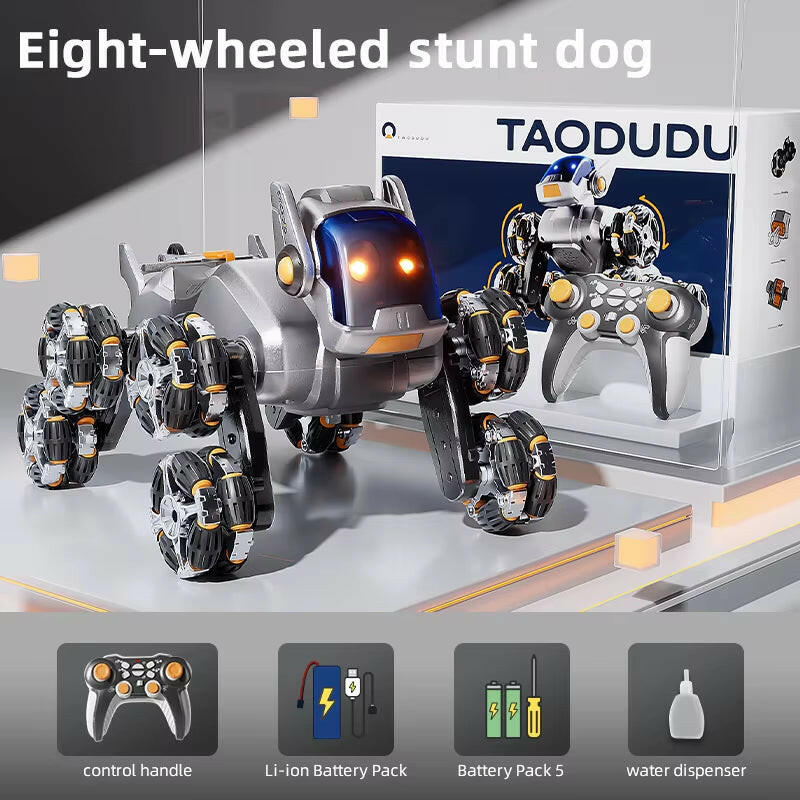 Intelligent Remote Control Robot Dog with Eight Wheels and Tail Spray Stunt Features - Four Skill Functions for Children Grey