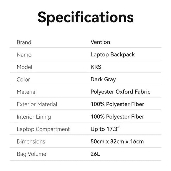 Vention 17.3 Inch Water-Repellent Laptop Backpack (50cm x 32cm x 16cm) Black