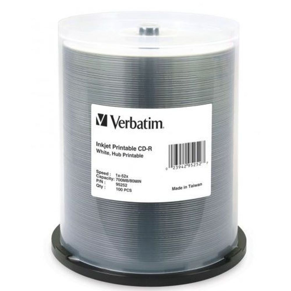 95252 - Verbatim CD-R 700MB 52x White Printable 100 Pack on Spindle