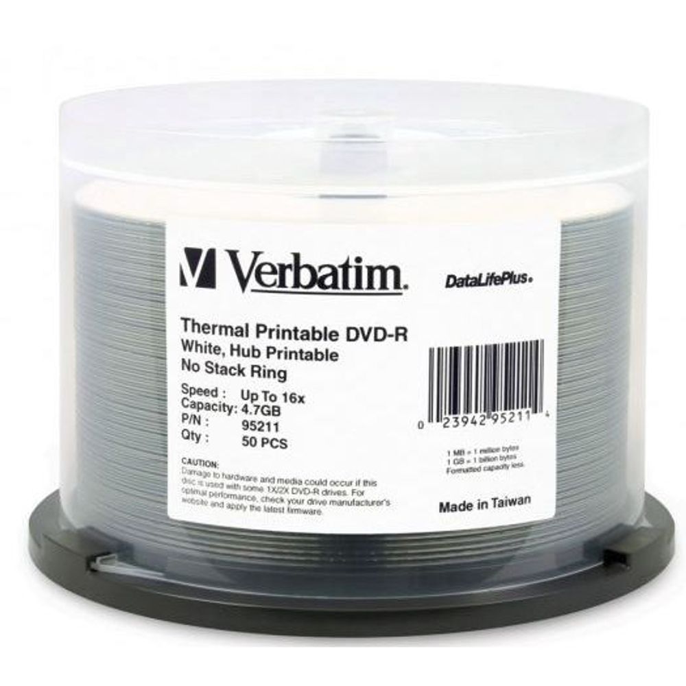 95211 - Verbatim DVD-R 4.7GB 16x Wht Wide Thermal Printable 50 Pack on Spindle