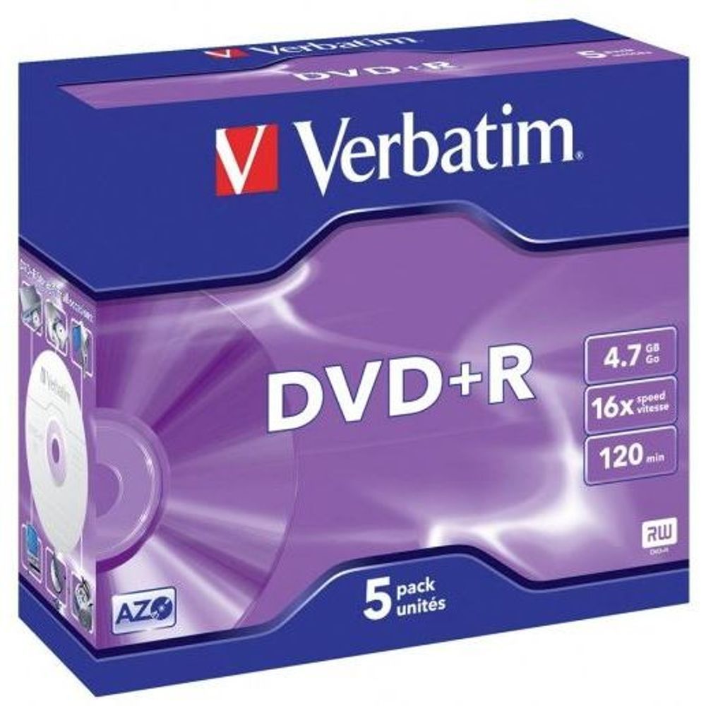 95049 - Verbatim DVD+R 4.7GB 16x 5 Pack with Jewel Cases