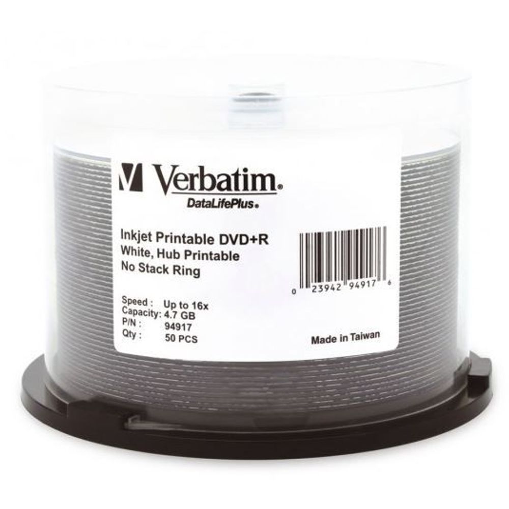 94917 - Verbatim DVD+R 4.7GB 16x White Wide Printable 50 Pack on Spindle