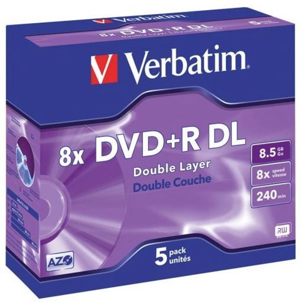 43541 - Verbatim DVD+R DL 8.5GB 10x 5 Pack with Jewel Cases