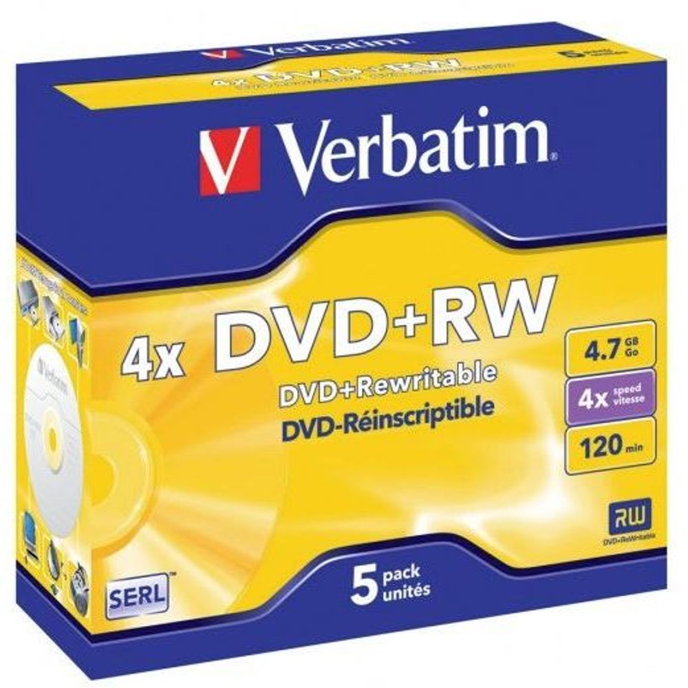 95043 - Verbatim DVD+RW 4.7GB 4x 5 Pack with Jewel Cases