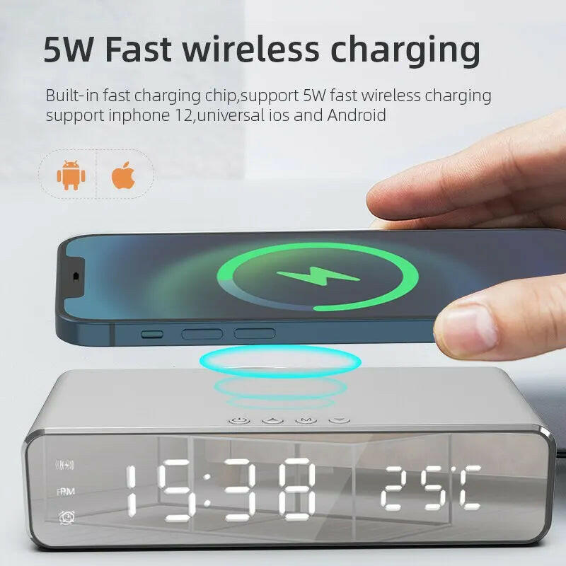 Wireless Charging Dock Station with Time Alarm Clock, LED Digital Thermometer, and Fast Charging for iPhone and Samsung Earphones