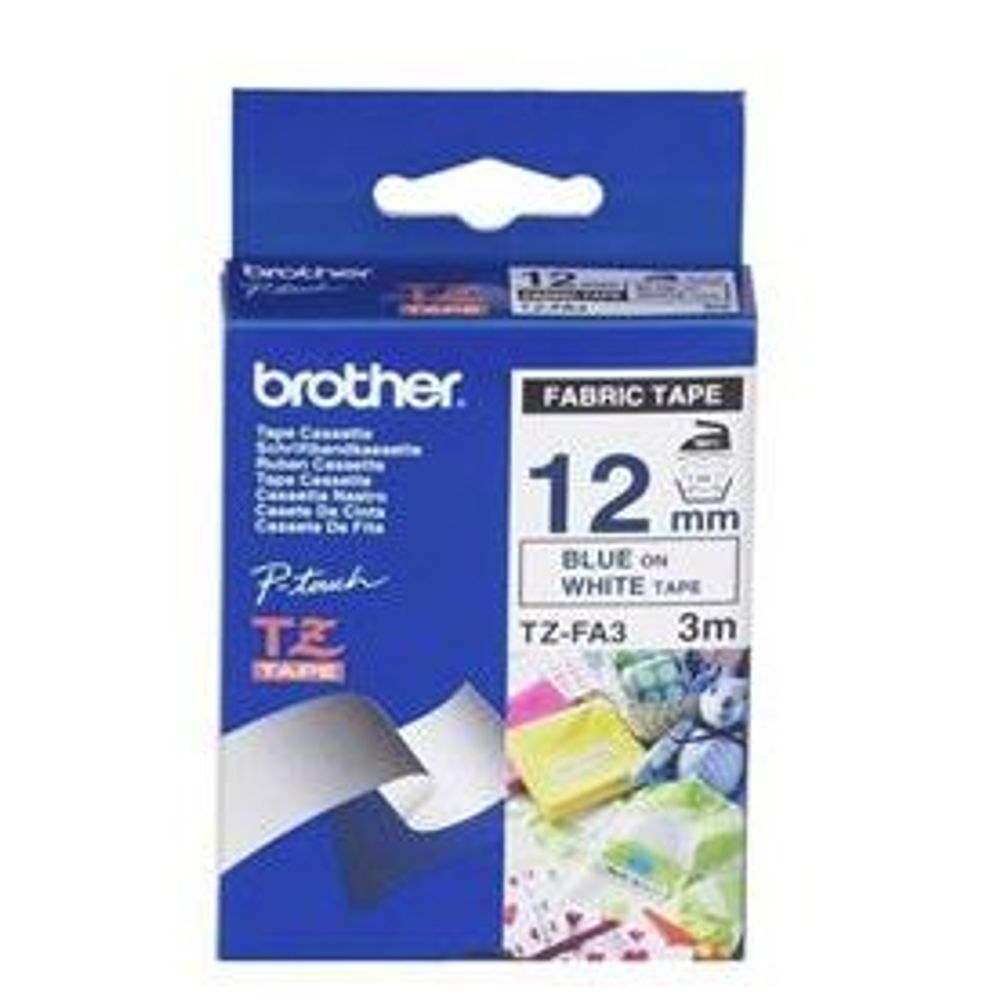 TZEFA3 - Brother TZe-FA3 12mm x 3m Blue on White Fabric Tape