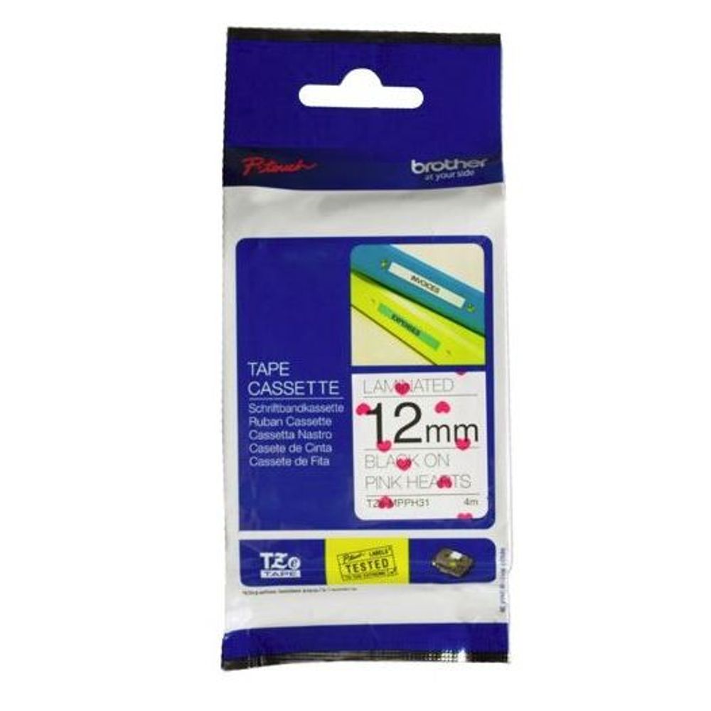 TZEMPPH31 - Brother TZe-MPPH31 12mm x 4m Black on Pink Hearts Tape
