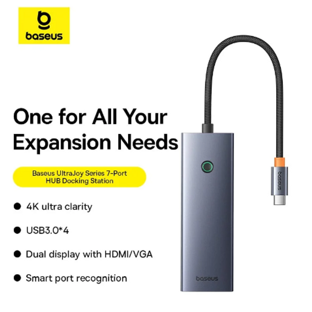 BAS46486 - Baseus UltraJoy Series 7-Port HUB Docking Station Space Grey（Type-C to HDMI4K@60Hz*1+USB3.0*3+PD*1+SD/TF*1 ）