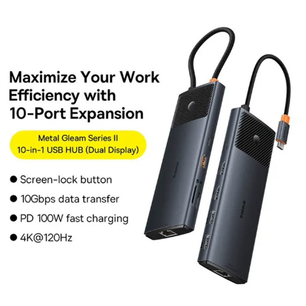 BAS43331 - Baseus Metal Gleam Series II 10-in-1 USB HUB Space Grey（USB-C to 1*HDMI 4K@60Hz+1*USB-A(10Gbps)+1*USB-C（10Gbps)+2*USB-A(480Mbps)+1*RJ45+1*SD/TF+1*USB-C(PD)+1*3.5mm）