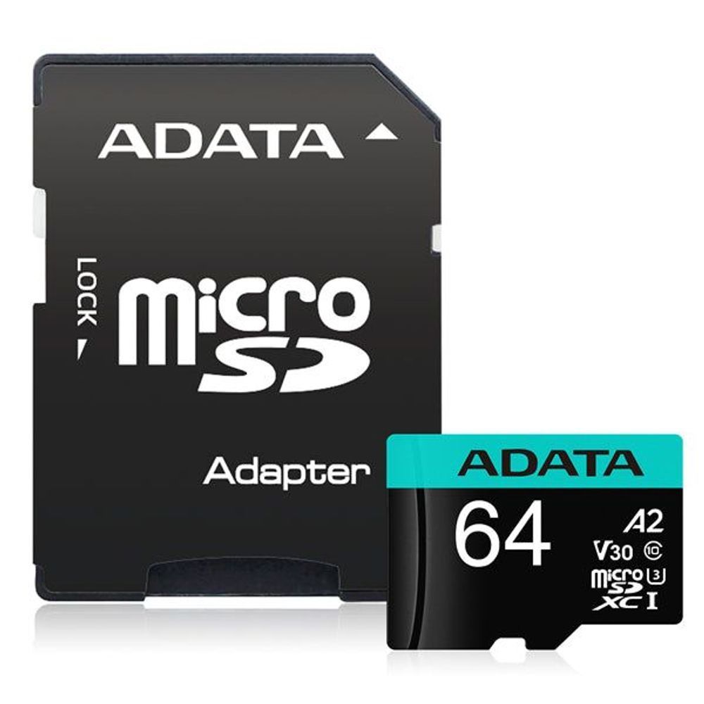 AUSDX64GUI3V30SA2-RA1 - ADATA Premier Pro microSDXC UHS-I U3 A2 V30 Card with Adapter 64GB