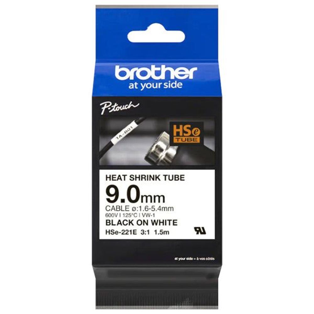 HSE221E - Brother HSe-221E 9.0mm x 1.5m Black on White Heat Shrink Tape