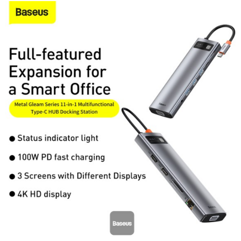 BAS46516 - Baseus UltraJoy Series 10-Port HUB Docking Station Space Grey（Type-C to HDMI4K@60Hz*1+VGA*1+USB 3.0*3+PD*1+RJ45*1+SD/TF*1+3.5mm*1）