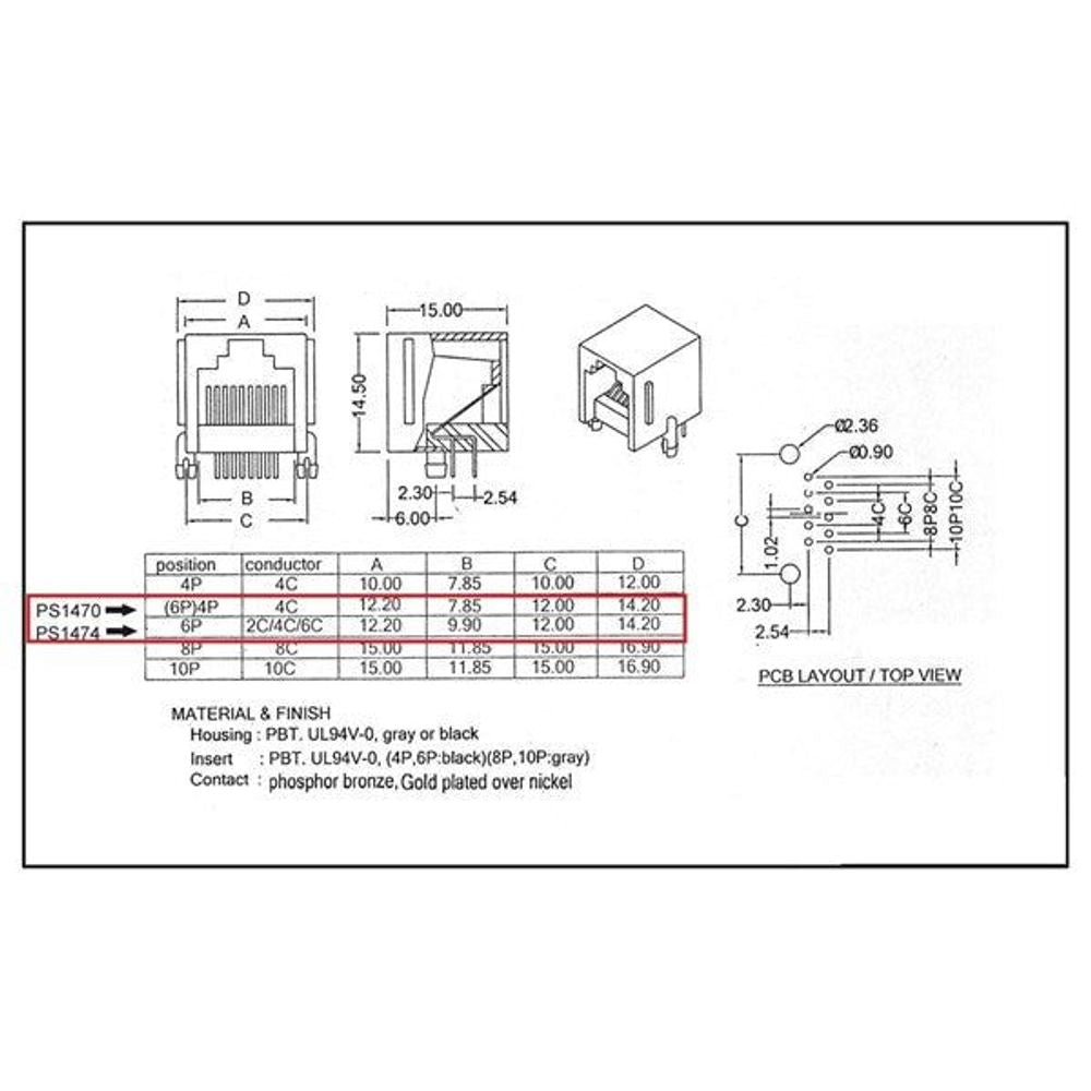 PS1474 - PCB Modular Sockets 6/6 - RJ12