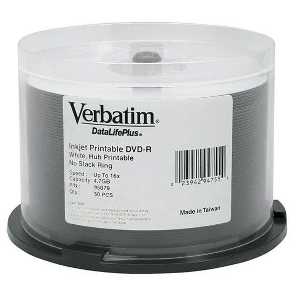 XC4738 - Verbatim DataLifePlus (Azo) DVD-R 4.7 GB White Inkjet Printable Spindle 50 Pack 16x