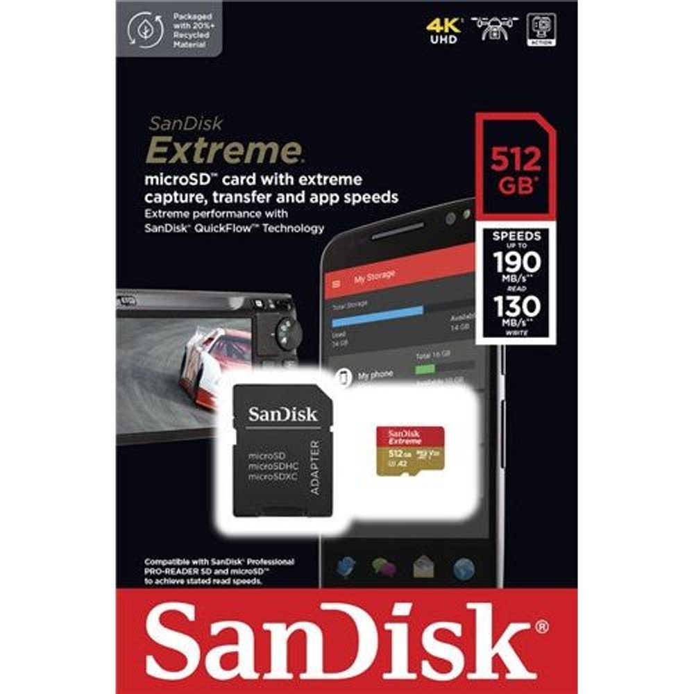 SDSQXAV-512G-GN6MA - Sandisk 512GB High Extreme microSDXC Class 10, Reads 190MB/S, Writes 130MB/S