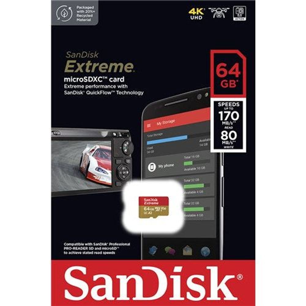 SDSQXAH-064G-GN6MA - Sandisk 64GB High Extreme microSDXC Class 10, Reads 170MB/S, Writes 80MB/S