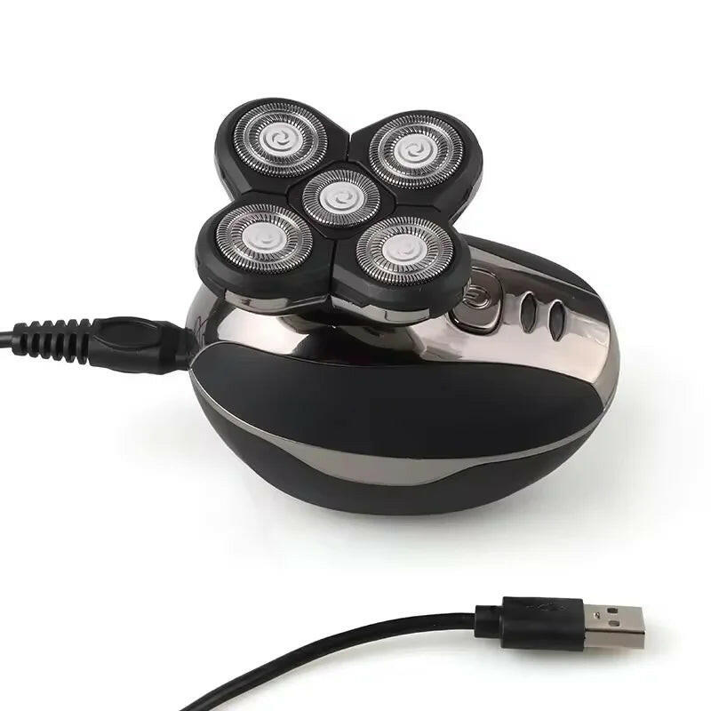 2025 Waterproof Rotary Electric Shaver and Beard Trimmer with 5 Heads - Rechargeable Black