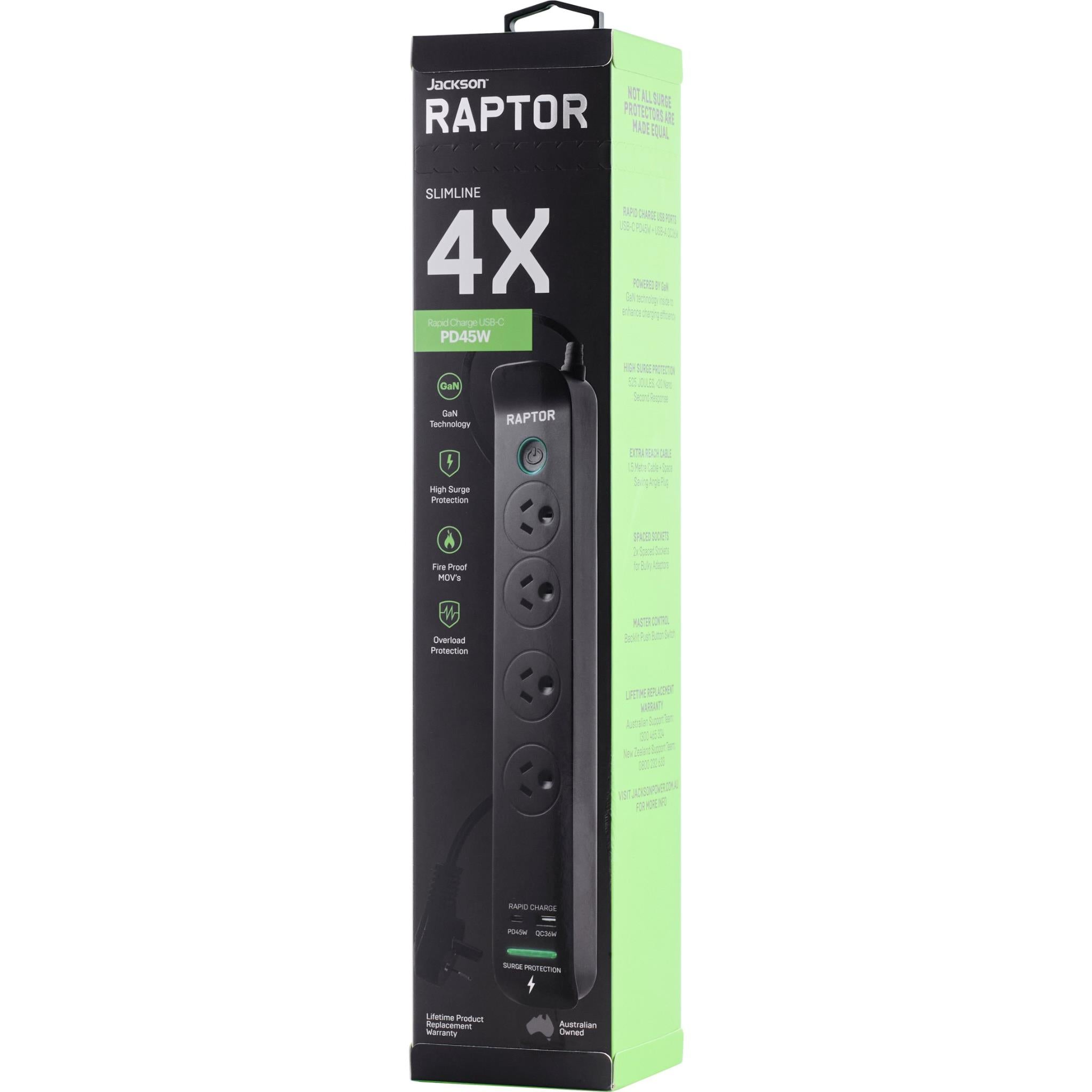 Jackson Raptor 4 Outlet Slimline 45W PD Surge Protected Powerboard
