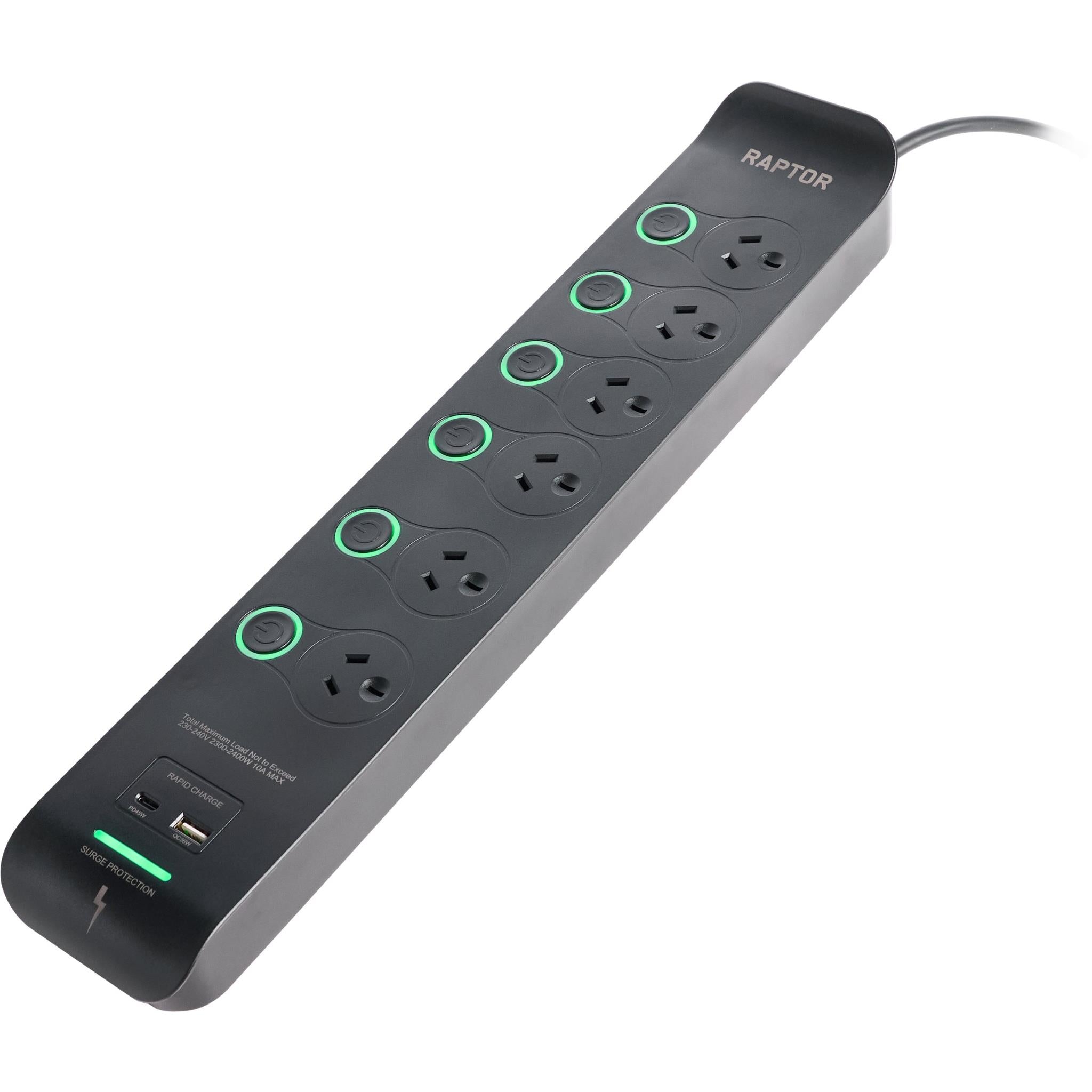 Jackson Raptor 6 Outlet Full Control 45W PD Surge Protected Powerboard