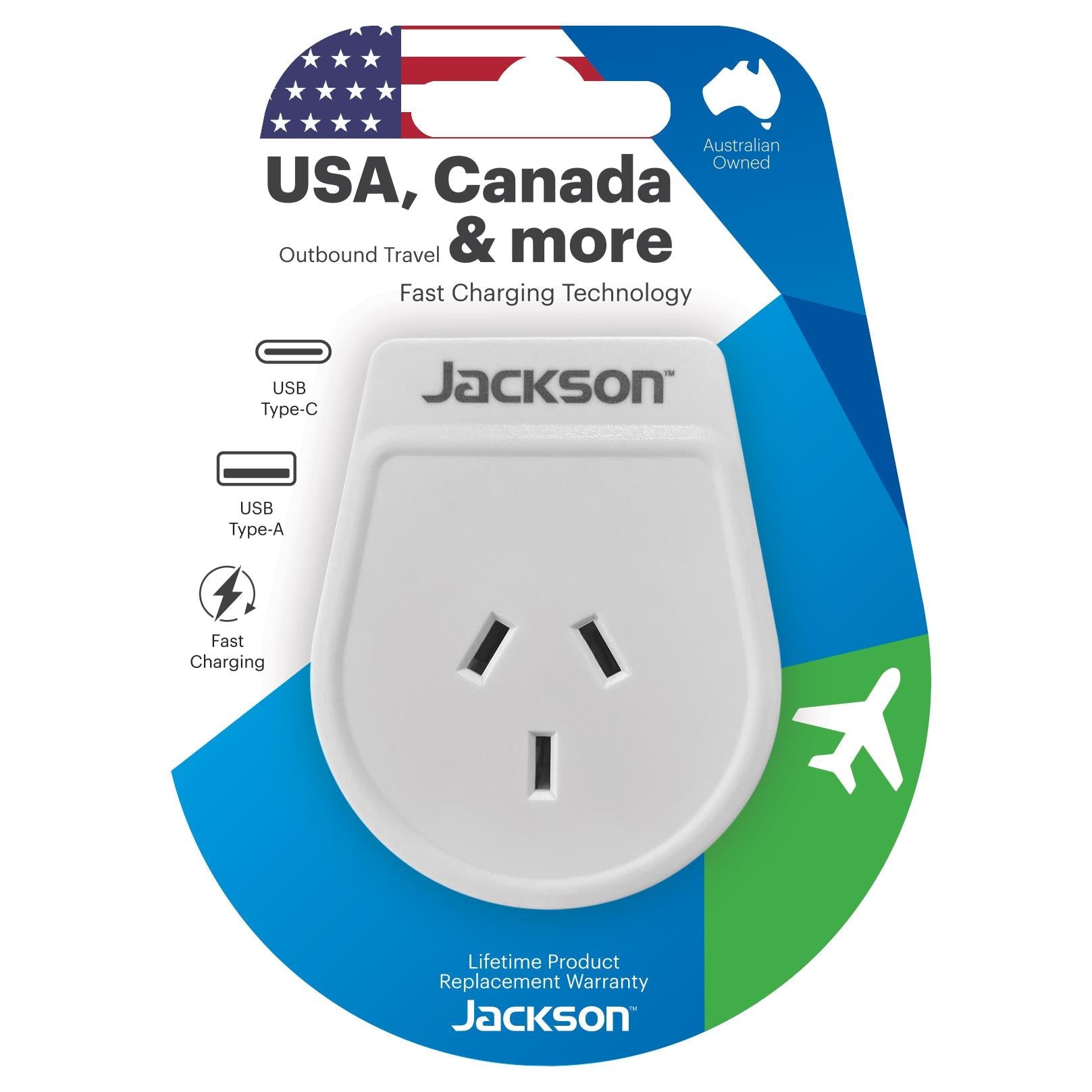 Jackson Outbound Travel Adaptor USB-A & USBC (US+CA+more)