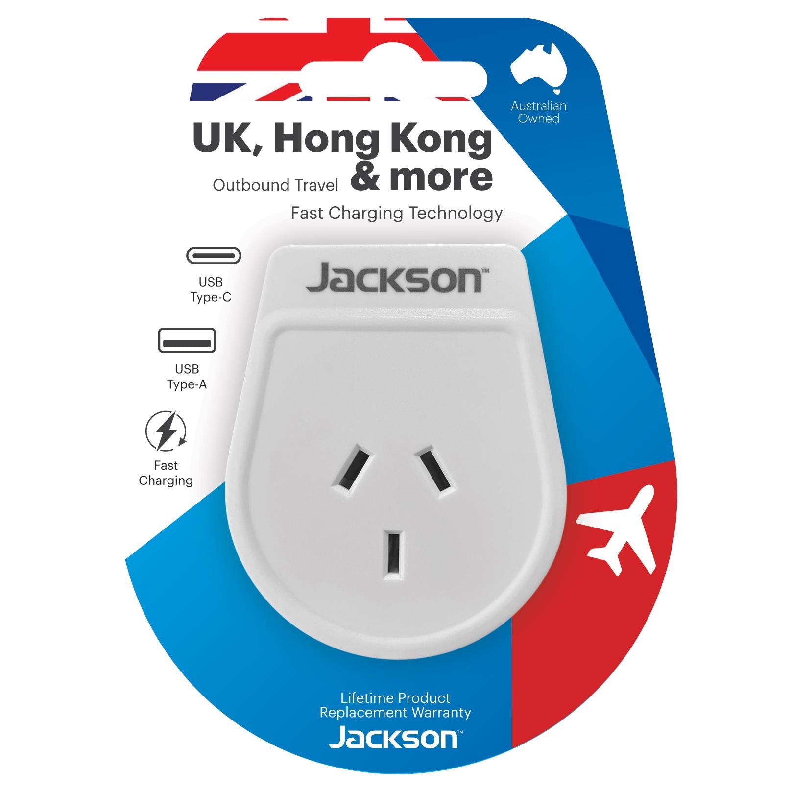 Jackson Outbound Travel Adaptor USB-A & USB-C (UK+HK+SG+more)