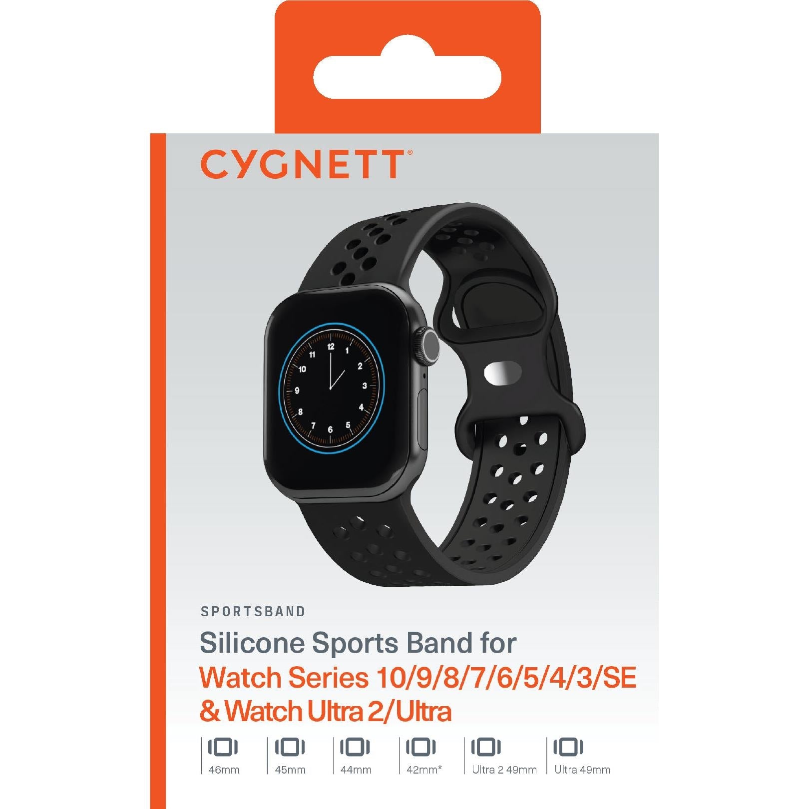 Cygnett SportsBand for Apple Watch 3/4/5/6/7/8/9/10/SE [42/44/45/46mm] Ultra 1-2 49mm (Black)