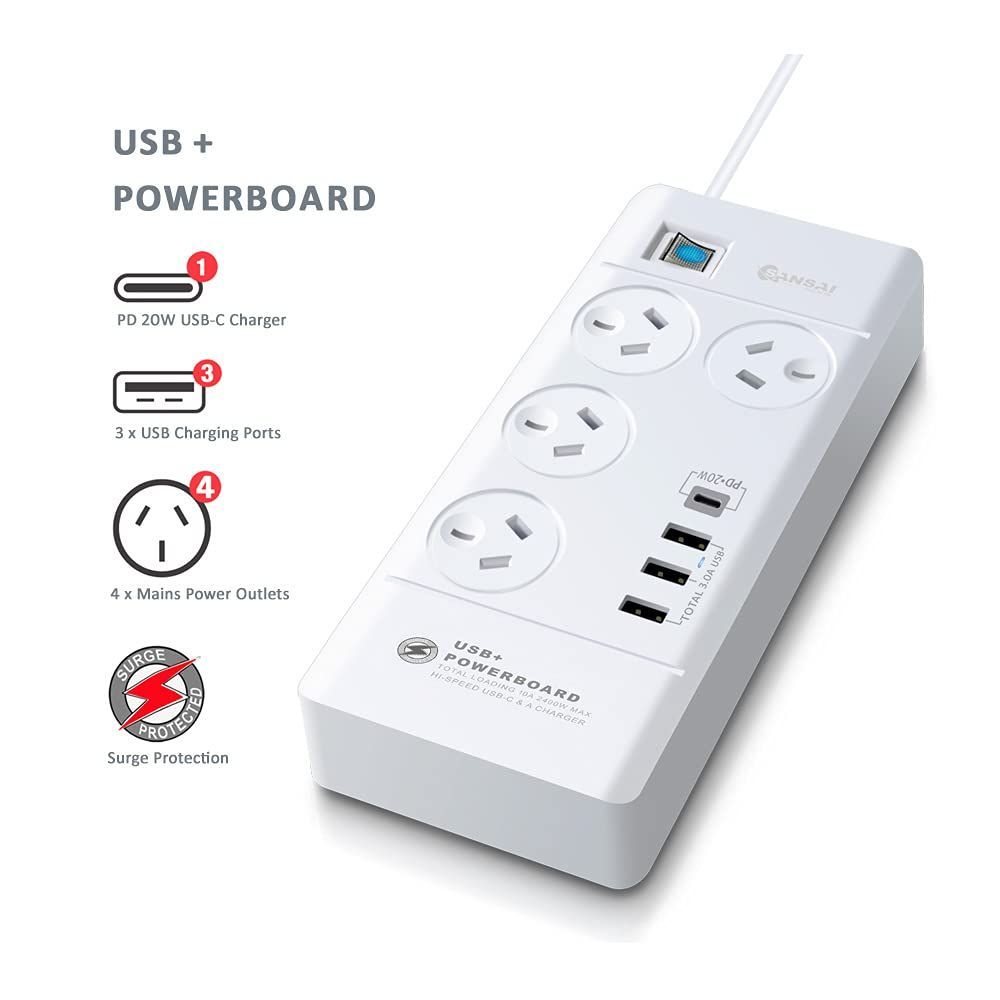 Sansai 4 Way Powerboard w/ 4x USB, 1x USB-C