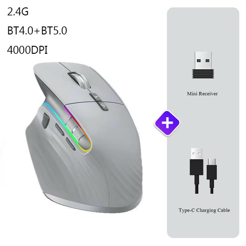 Wireless Mouse Bluetooth+2.4G Tri-Mode Mouse Mute Mice Ergonomic Gaming Mouse USB-C Rechargeable