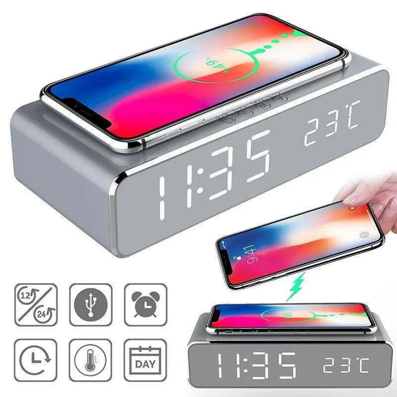 Wireless Charging Dock Station with Time Alarm Clock, LED Digital Thermometer, and Fast Charging for iPhone and Samsung Earphones