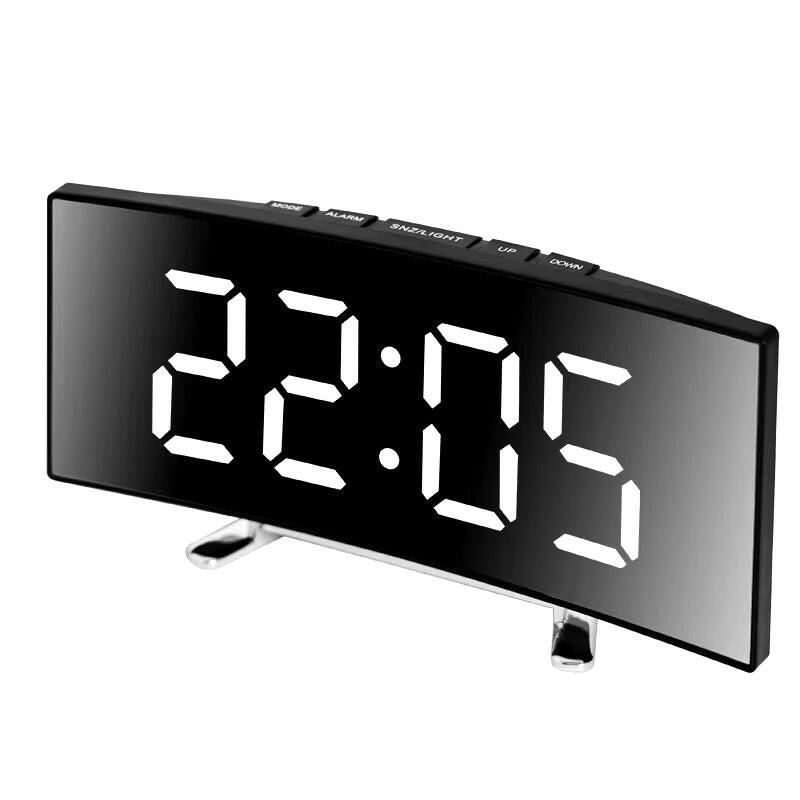 Creative Curved LED Alarm Clock with Dual-Purpose Mirror Design White