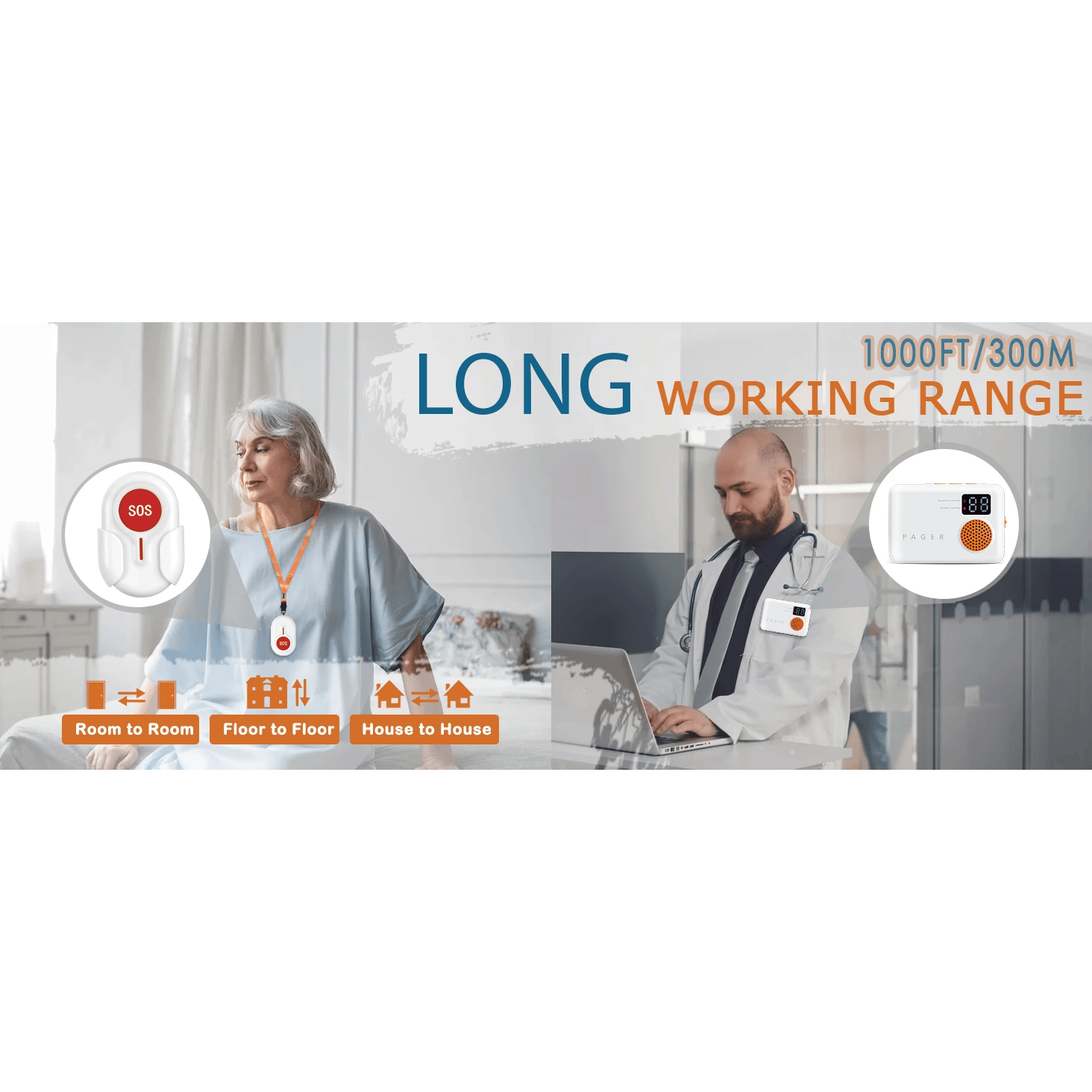 Wireless Caregiver Pager with 2 SOS Buttons (Up to 300mtrs range)