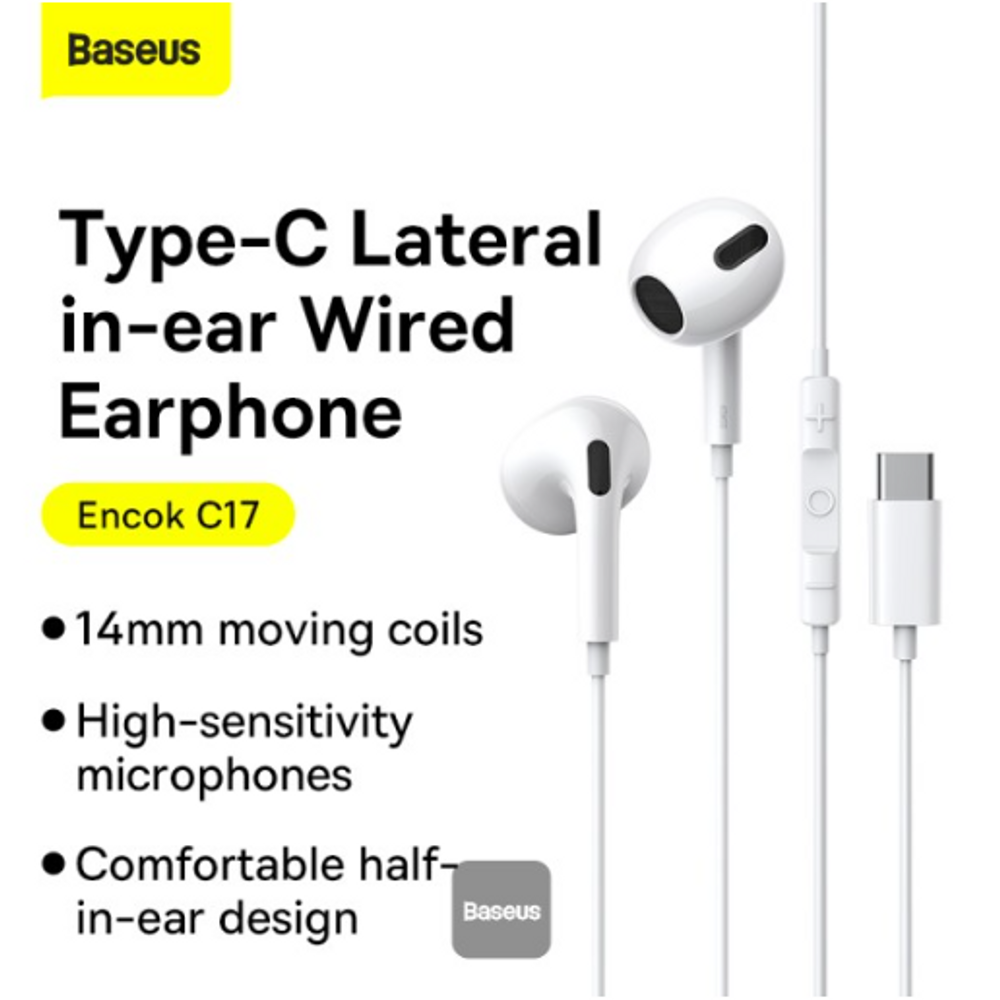 BAS04264 - Baseus Encok Type-C Lateral In-Ear Wired Earphone C17 White