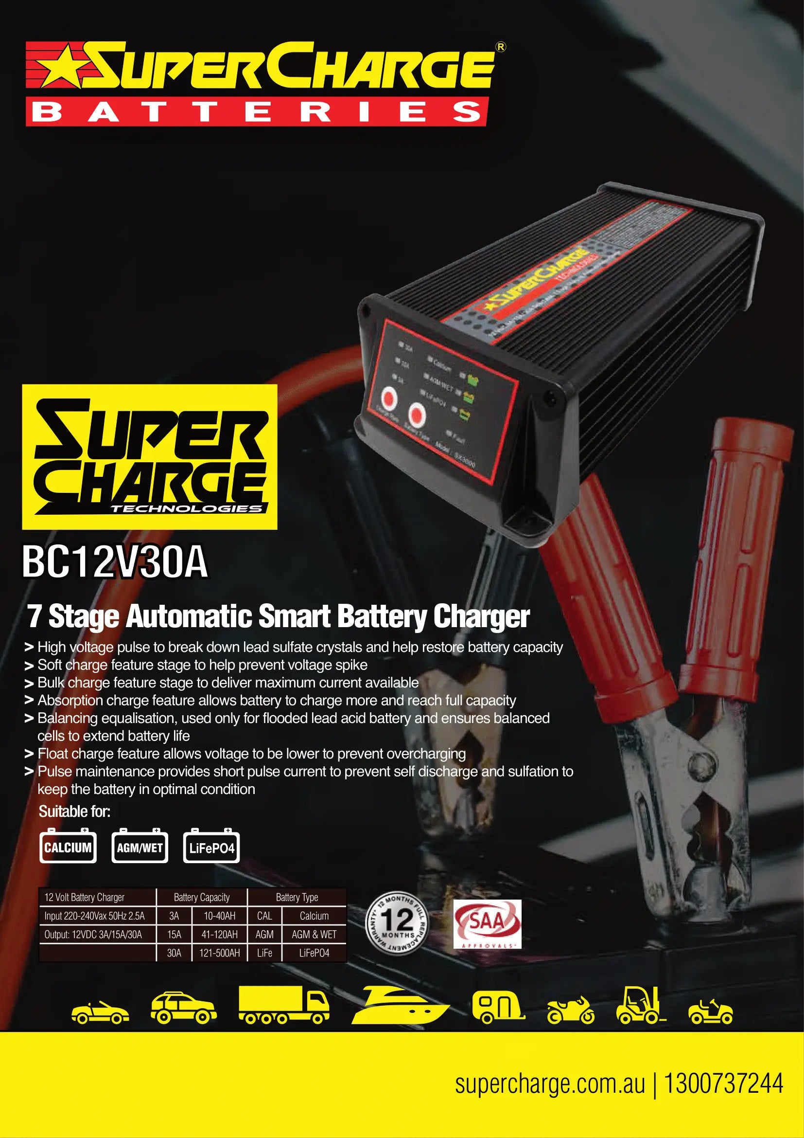 BC12V30A - SuperCharge 7 Stage Automatic Smart Battery Charger