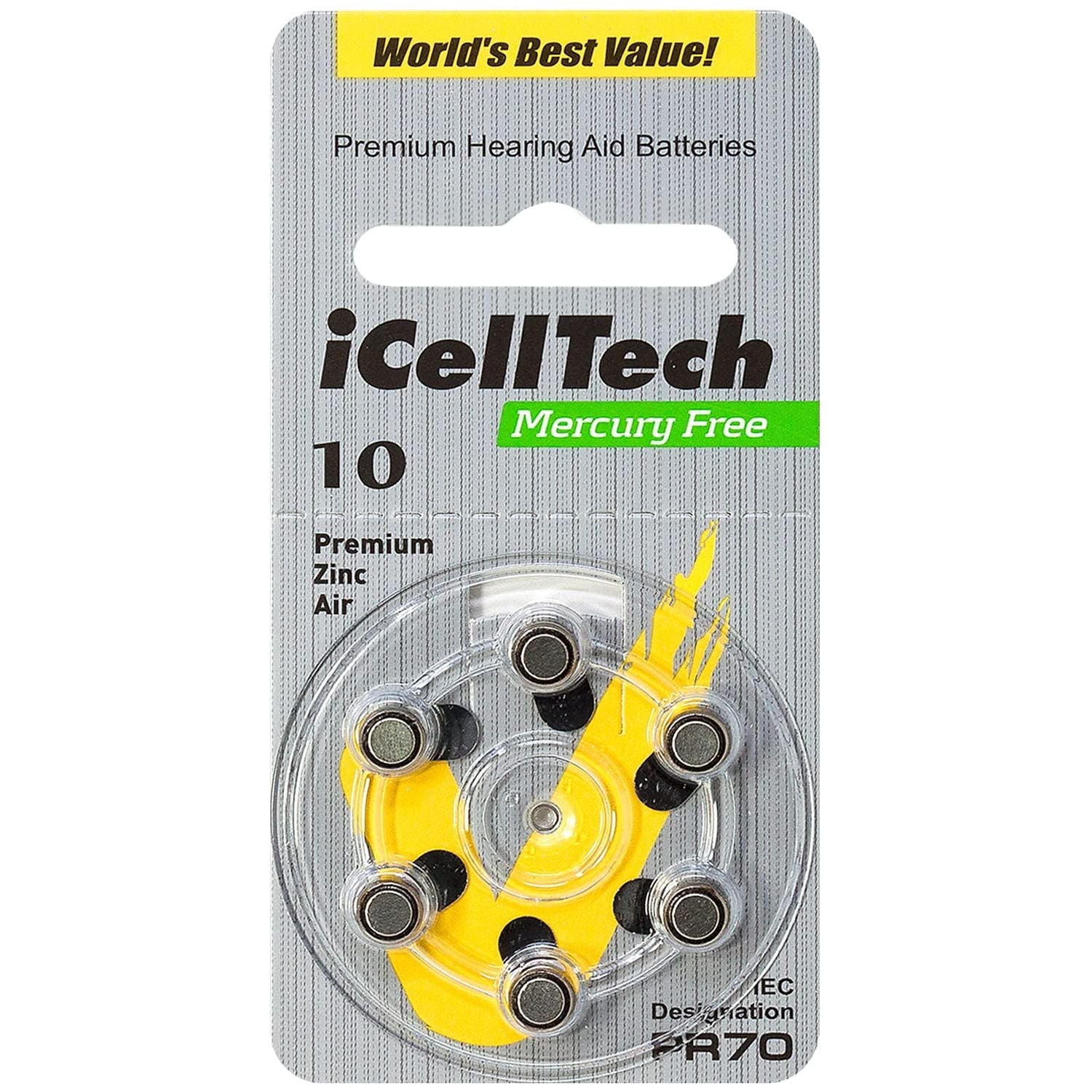 Hearing Aid Batteries (Box of 60 Batteries) 10 Yellow Hearing Aid Batteries
