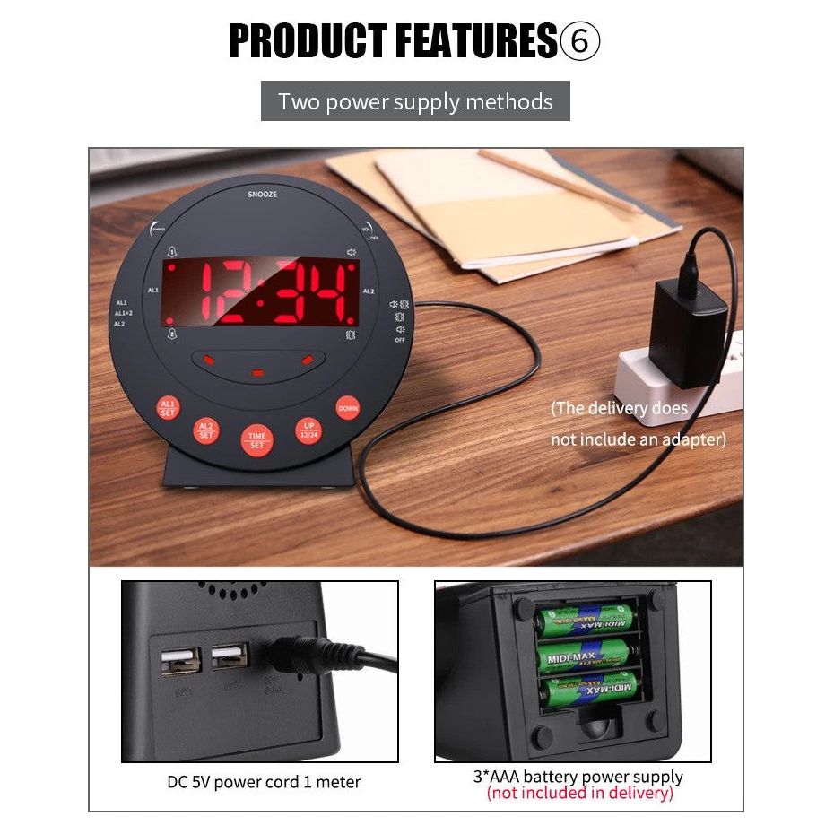 LED Flashing Vibrating Alarm Clock with Bed Shaker (Clearance)