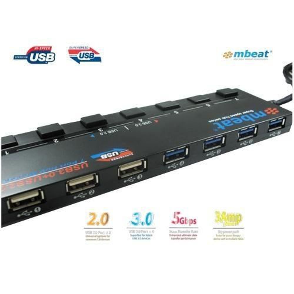 MB-USBM43HUB - mbeat 4 Port USB 3.0 plus 3 Port USB 2.0 Hub with Switches and Power Adapter