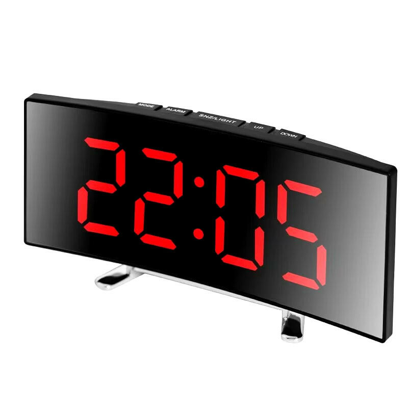 Creative Curved LED Alarm Clock with Dual-Purpose Mirror Design Red