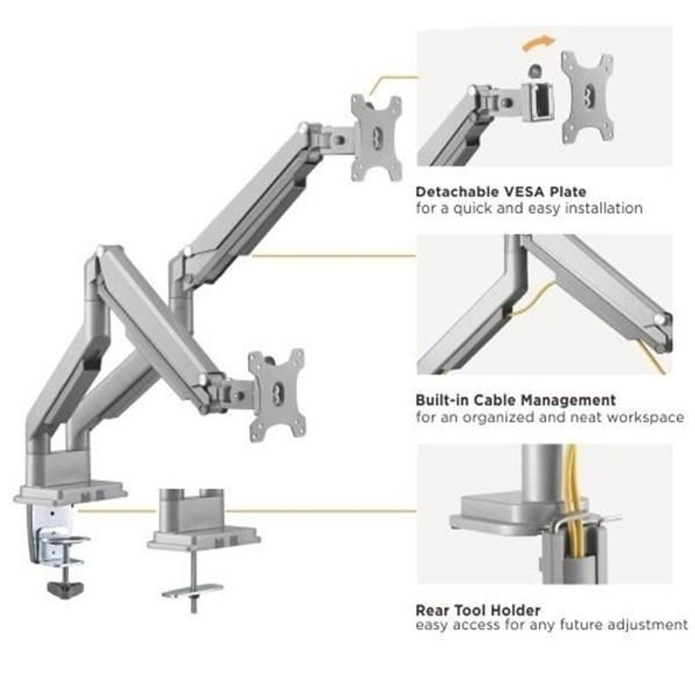 BT-DTM34-C024 - Bracom Gas Spring Dual Aluminum Monitor Arm for 17"-32" Desk Mount