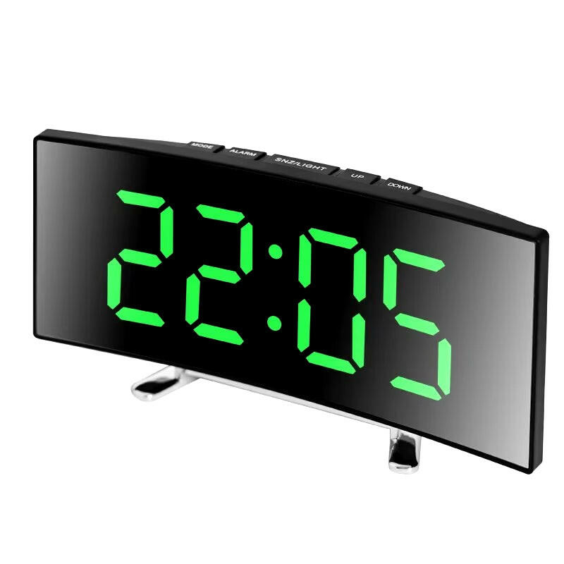 Creative Curved LED Alarm Clock with Dual-Purpose Mirror Design Green