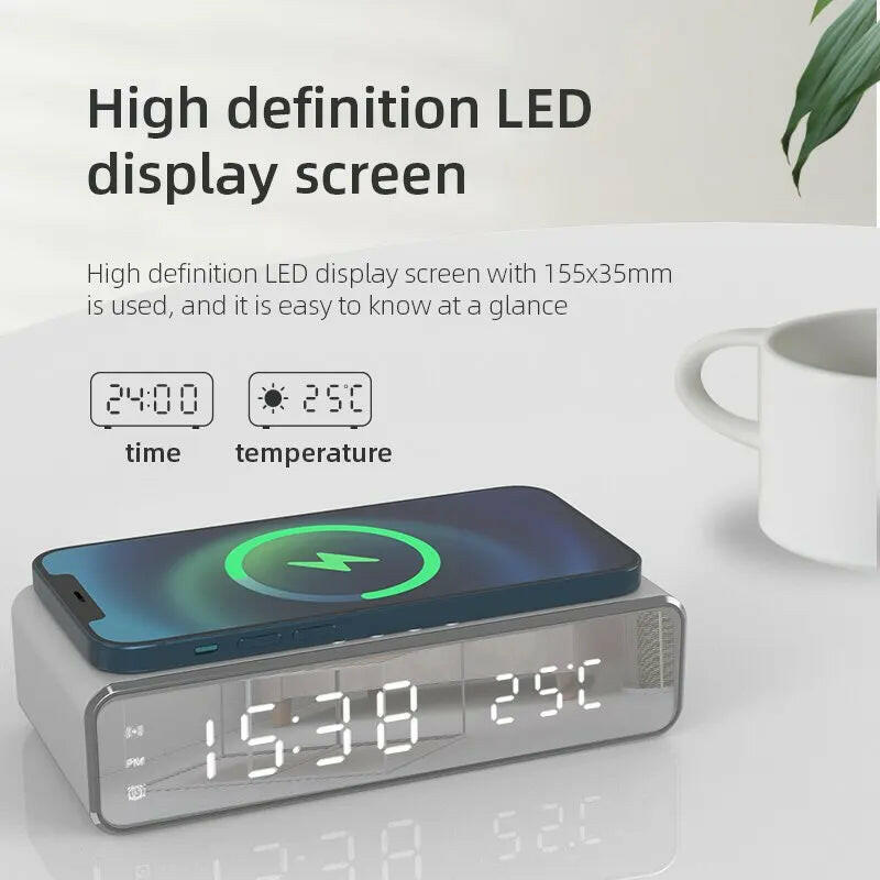 Wireless Charging Dock Station with Time Alarm Clock, LED Digital Thermometer, and Fast Charging for iPhone and Samsung Earphones