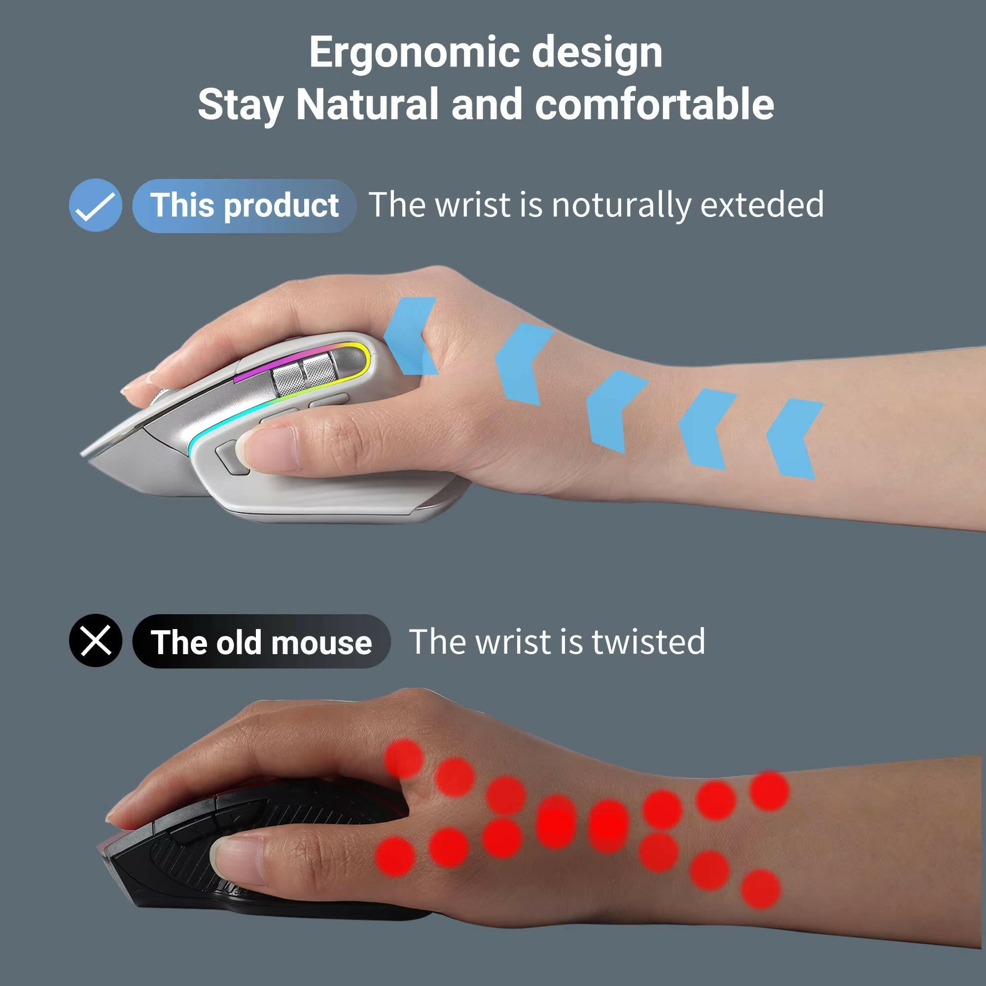 Wireless Mouse Bluetooth+2.4G Tri-Mode Mouse Mute Mice Ergonomic Gaming Mouse USB-C Rechargeable