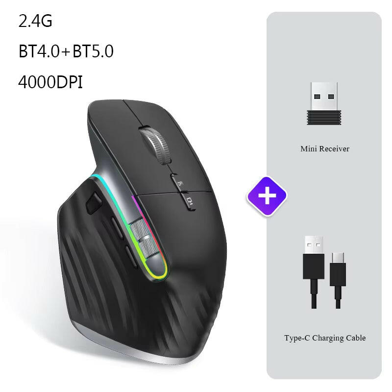 Wireless Mouse Bluetooth+2.4G Tri-Mode Mouse Mute Mice Ergonomic Gaming Mouse USB-C Rechargeable