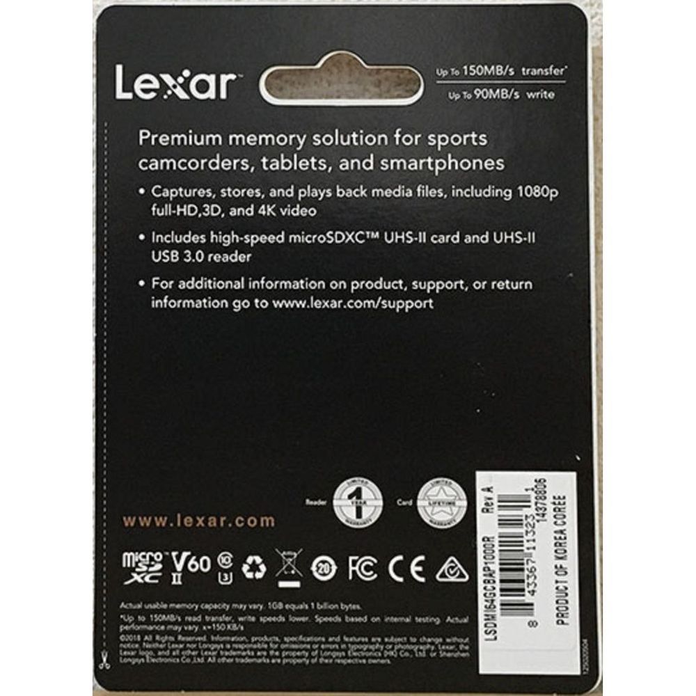 LEX-LSDMI64GCBAP1000 - Lexar Professional 1000x microSDHC/SDXC UHS-II 64GCB