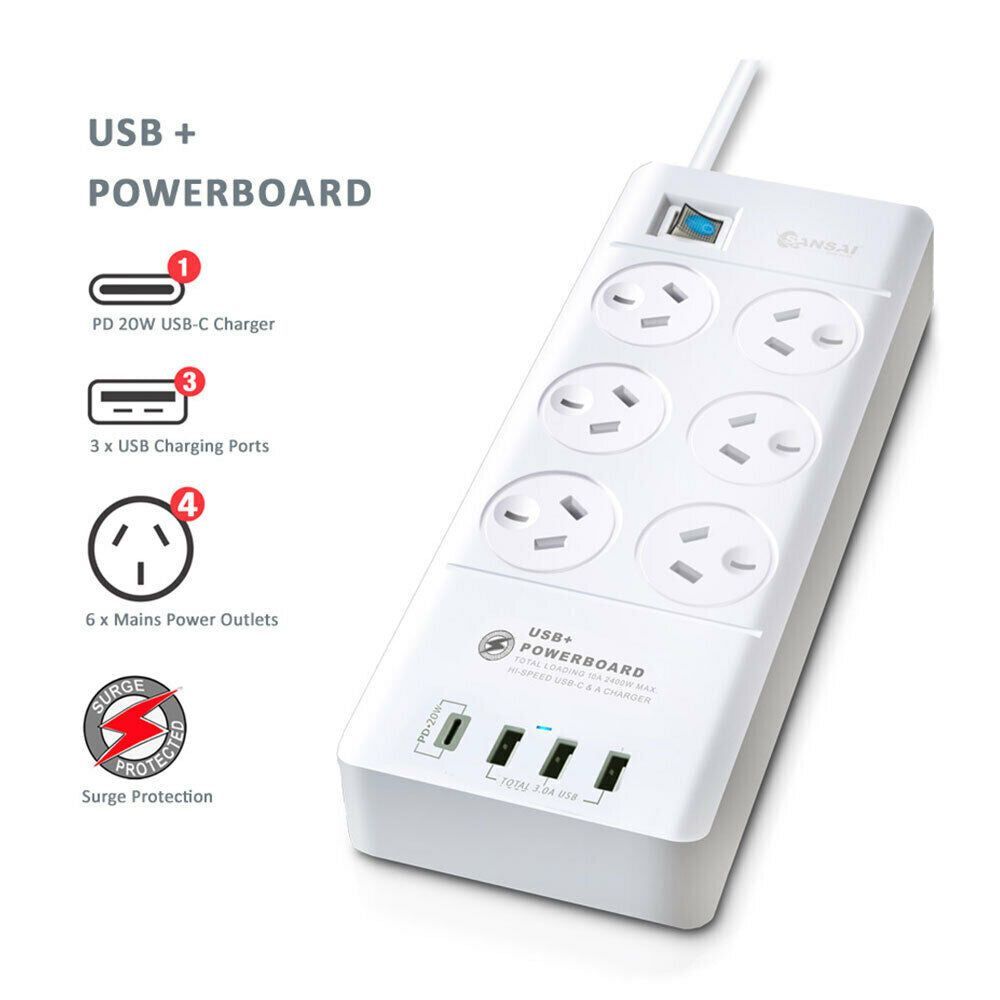 Sansai 6 Way Surge Powerboard with 3x USB & 1x USB-C